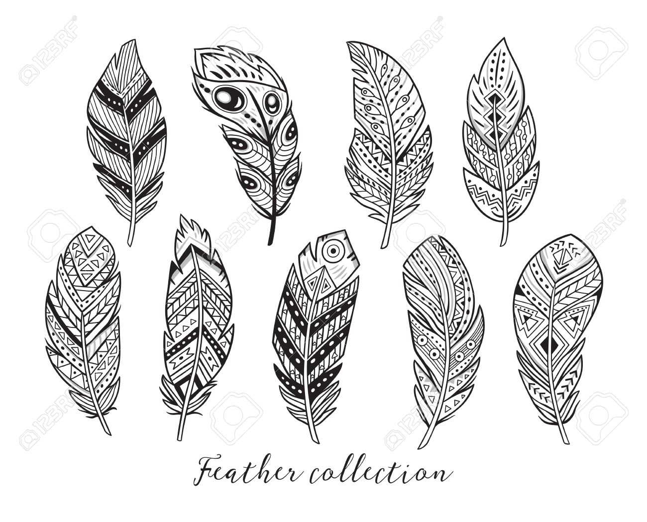 Native american indian feathers in black and white colors coloring book page with hand drawn rustic decorative feathers illustration royalty free svg cliparts vectors and stock illustration image