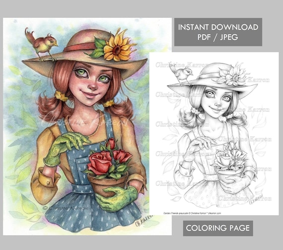 Buy garden friends coloring page grayscale woman hat flowers online in india