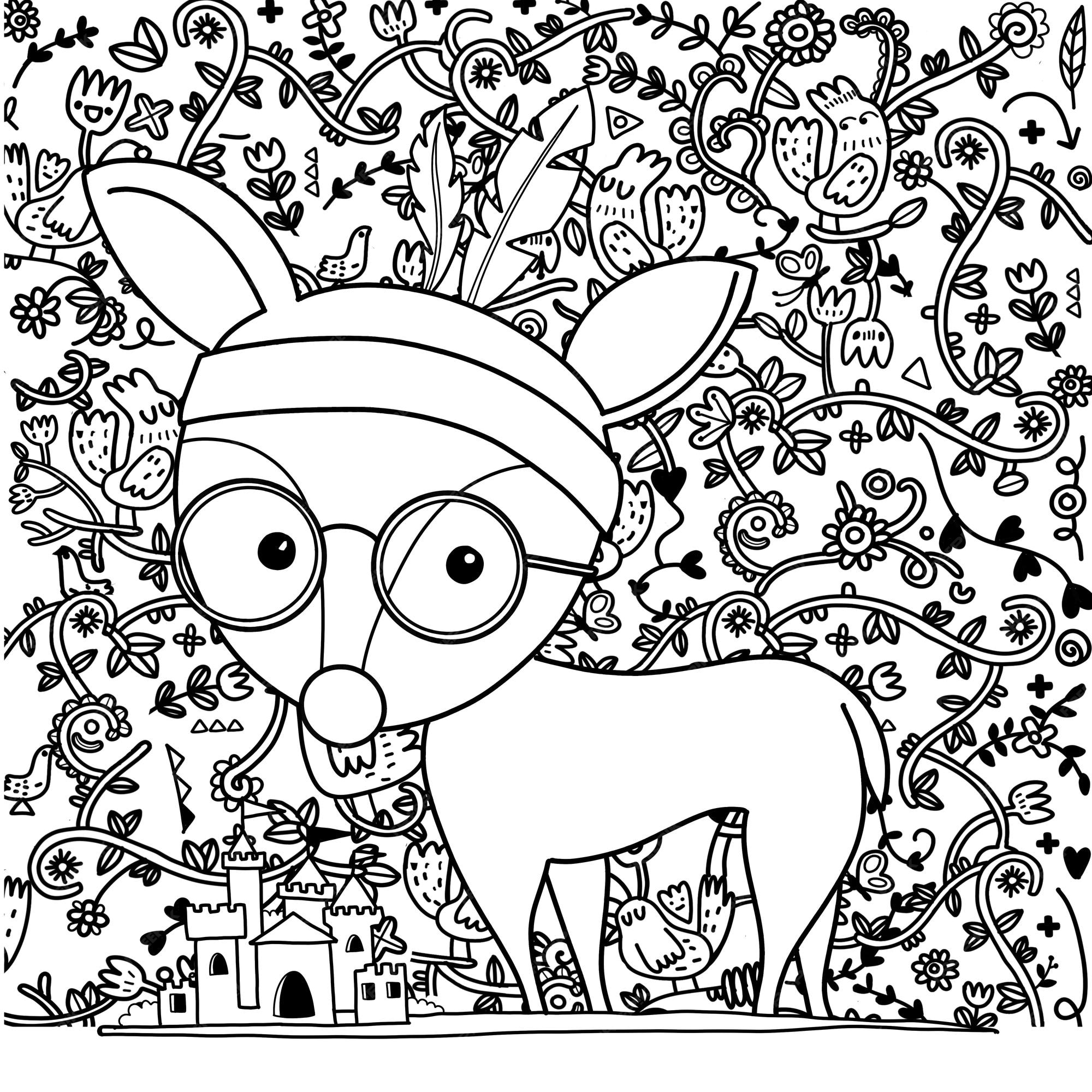 Premium vector black and white coloring pages for kids little cute deer with glasses and an indian feather hat standing next to a tiny castle in the distance there is an