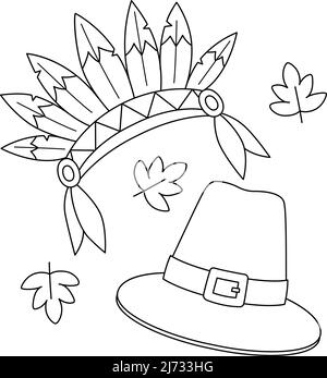 Thanksgiving indian headdress pilgrim hat coloring stock vector image art