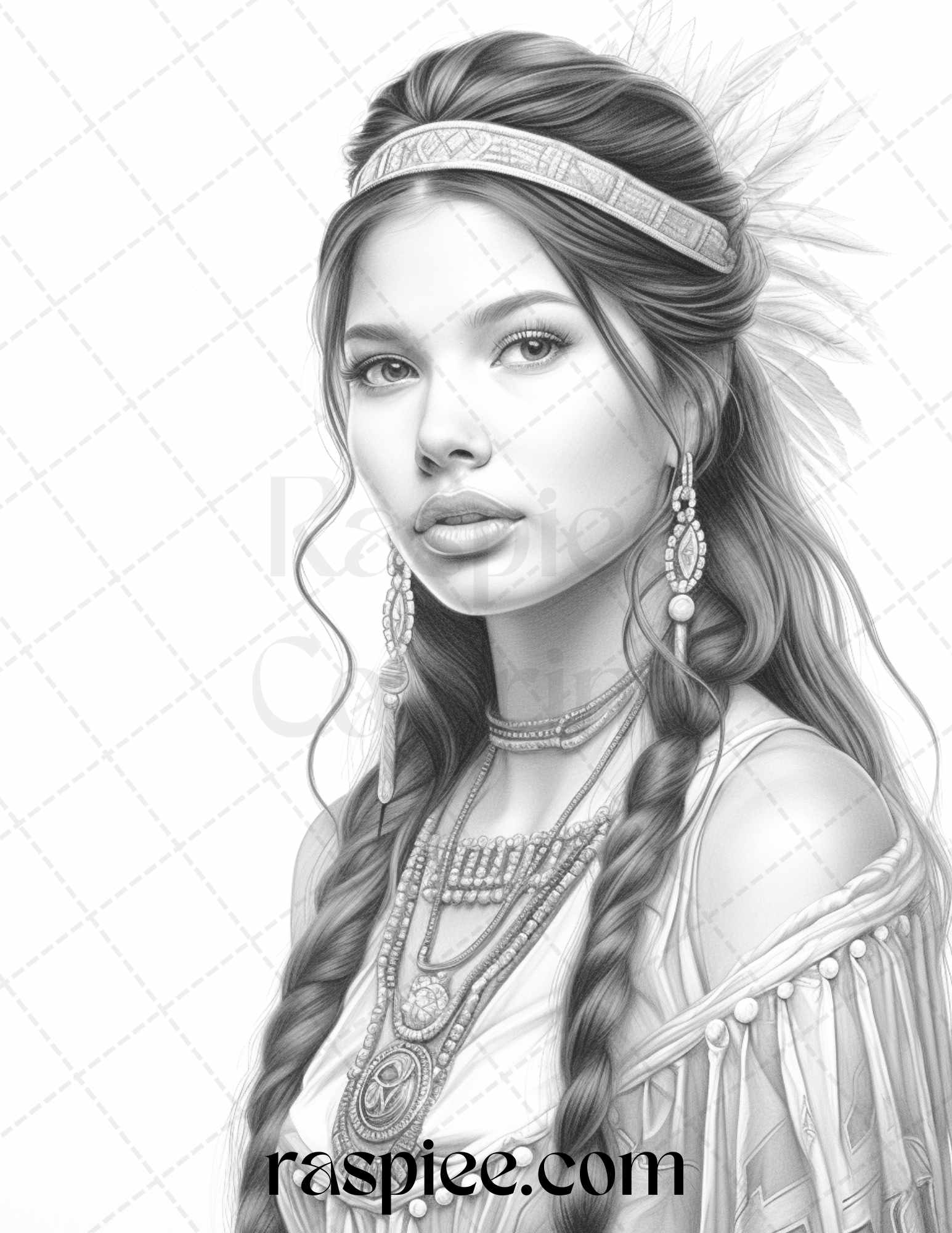 Native american portrait grayscale coloring pages printable for adults â coloring