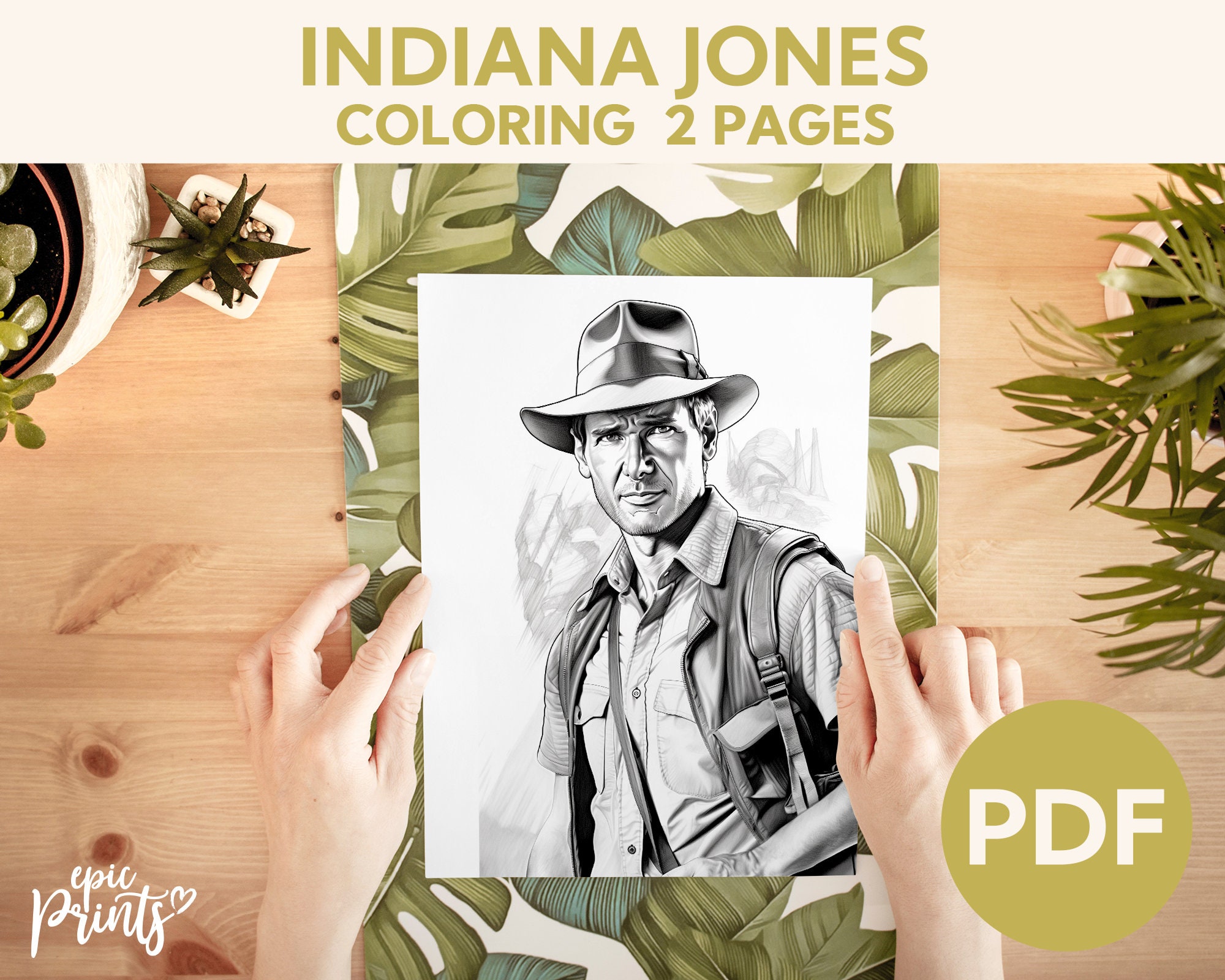 Grayscale indiana jones coloring page for adults printable adult coloring page download grayscale illustration printable pdf pages