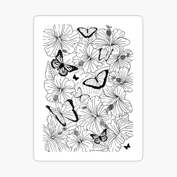 Butterflies and tropical flowers colouring page poster for sale by hothibiscus