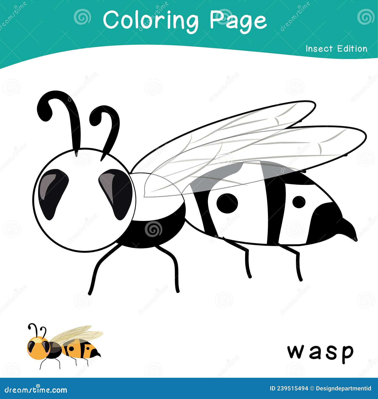 Coloring insects worksheet page educational printable coloring worksheet stock vector