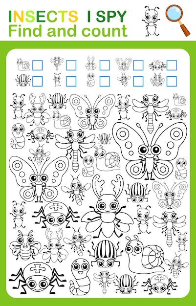 Premium vector coloring book page i spy count and color insects printable worksheet for kindergarten and preschool