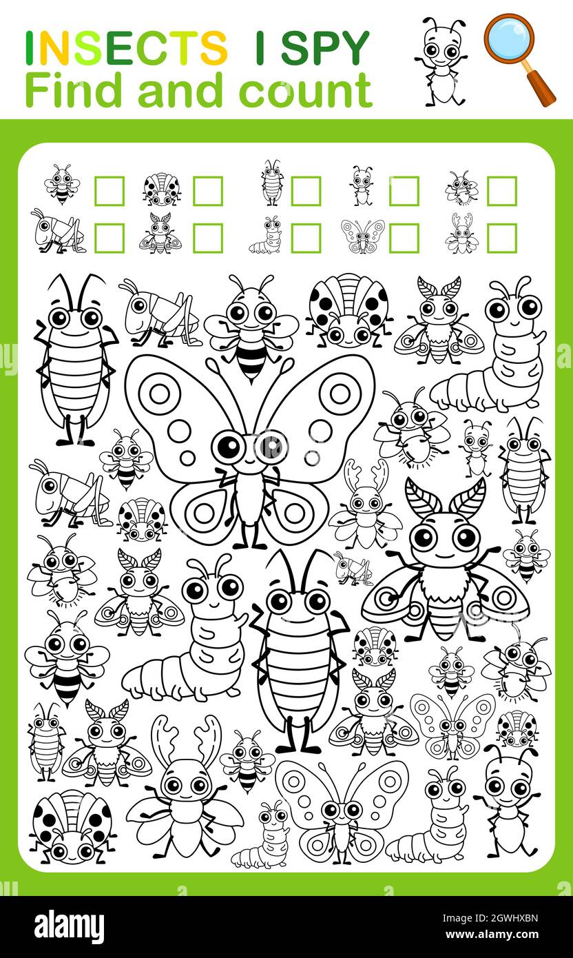 Coloring book page i spy count and color insects printable worksheet for kindergarten and preschool stock vector image art