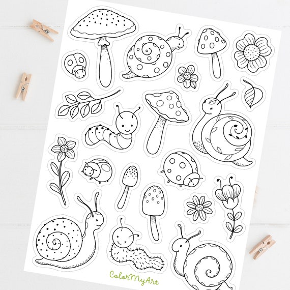 Cute bugs snails and flowers coloring printable stickers cute decorative stickers print color and cut sticker sheet digital download