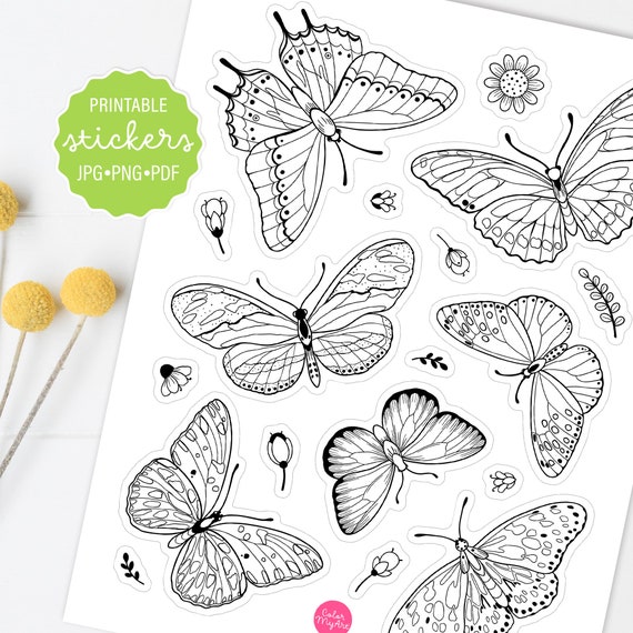 Butterfly coloring stickers decorative butterfly stickers printable sticker sheet decorative butterflies print and cut stickers