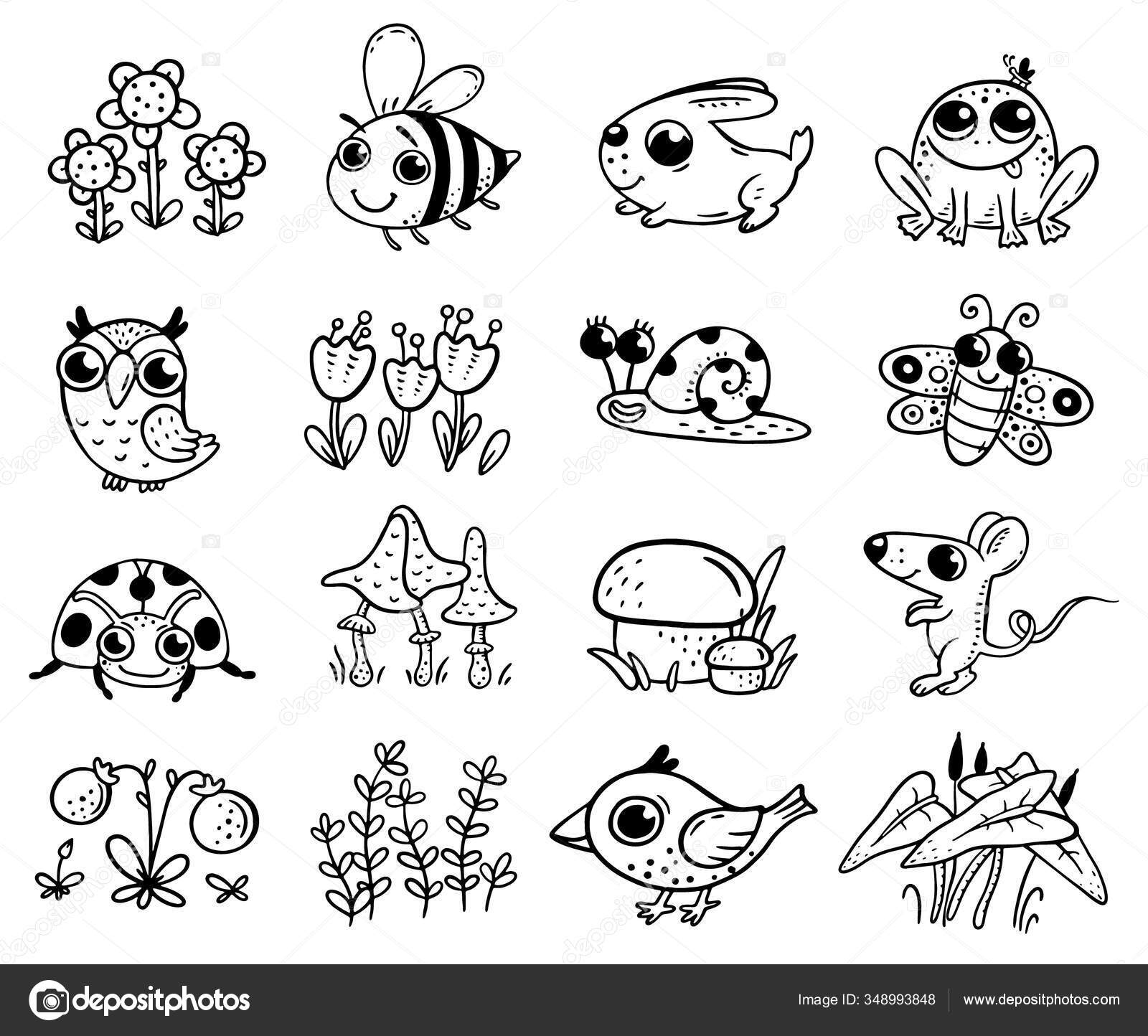 Set of cute forest or woodland animals and plant elements suitable for stickers coloring page stock vector by katerinadav