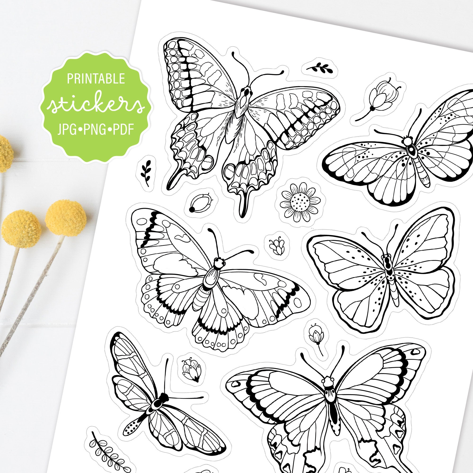 Butterfly coloring stickers decorative butterfly stickers printable sticker sheet decorative butterflies print and cut stickers