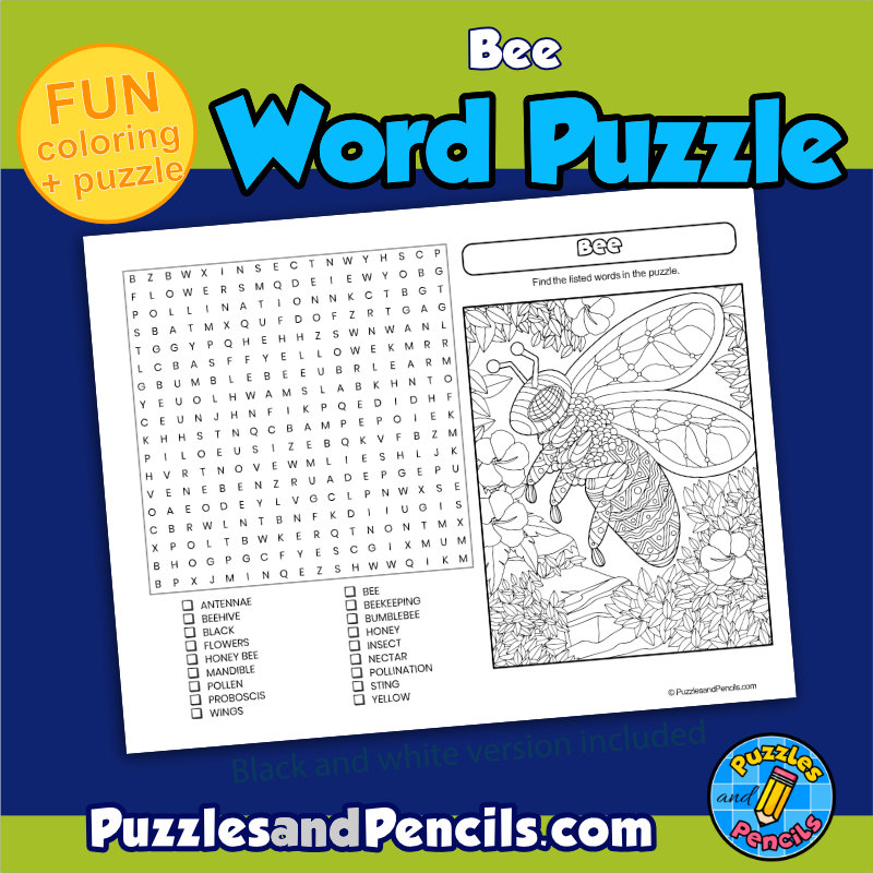 Bee word search puzzle activity page and coloring insect wordsearch made by teachers
