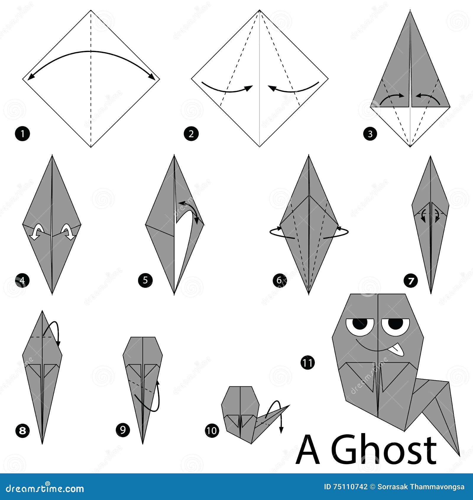Step by step instructions how to make origami a ghost stock vector
