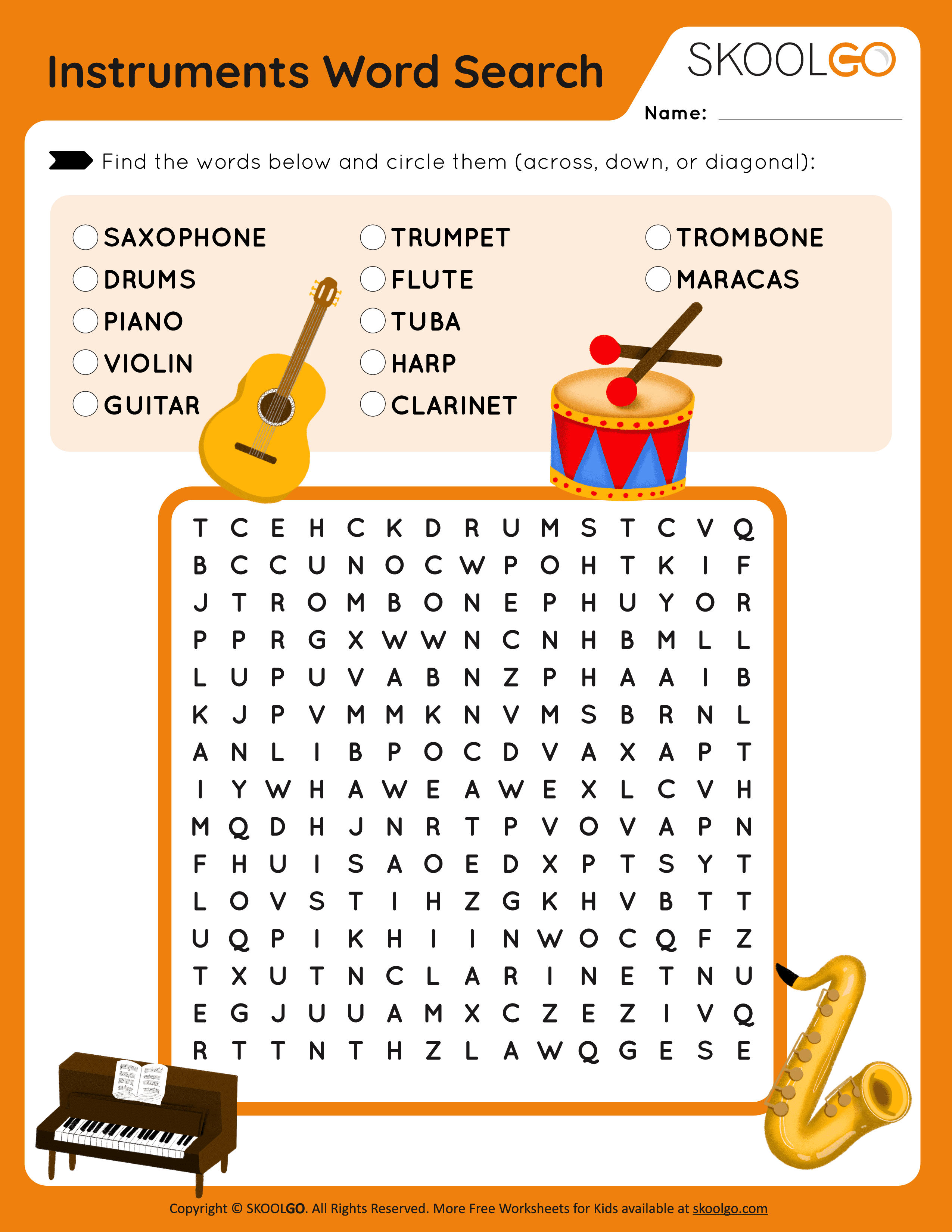 Instruments word search
