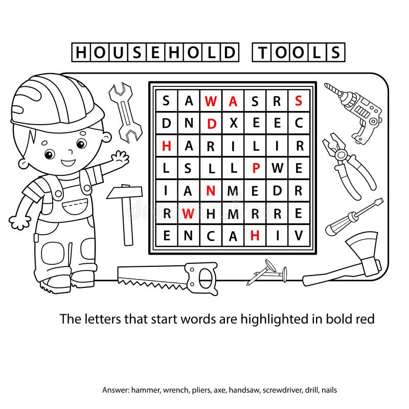 Crossword puzzle for preschool children set of household tools coloring book for kids stock vector