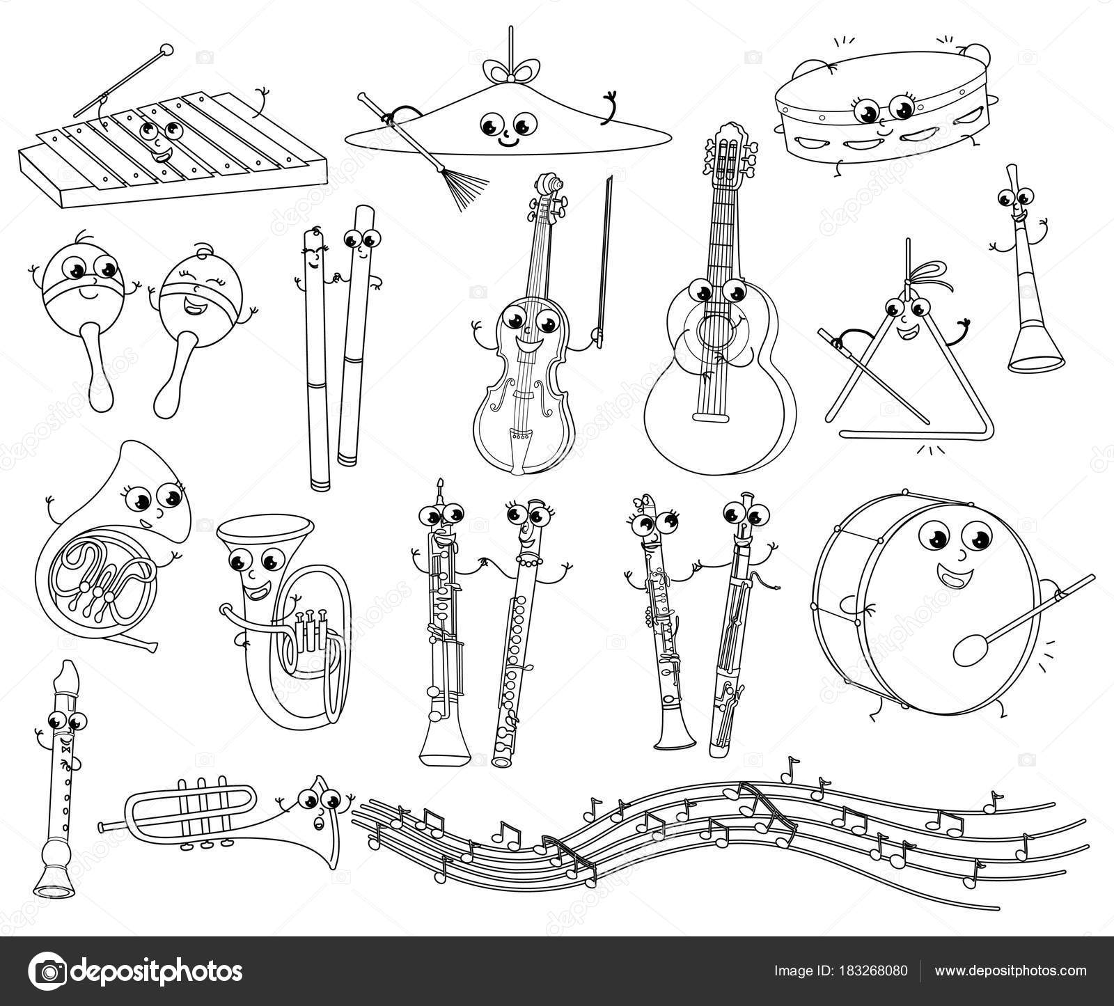 Conjunto de divertidos instrumentos musicales para colorear para niãos vector vector de stock por carlacastagno