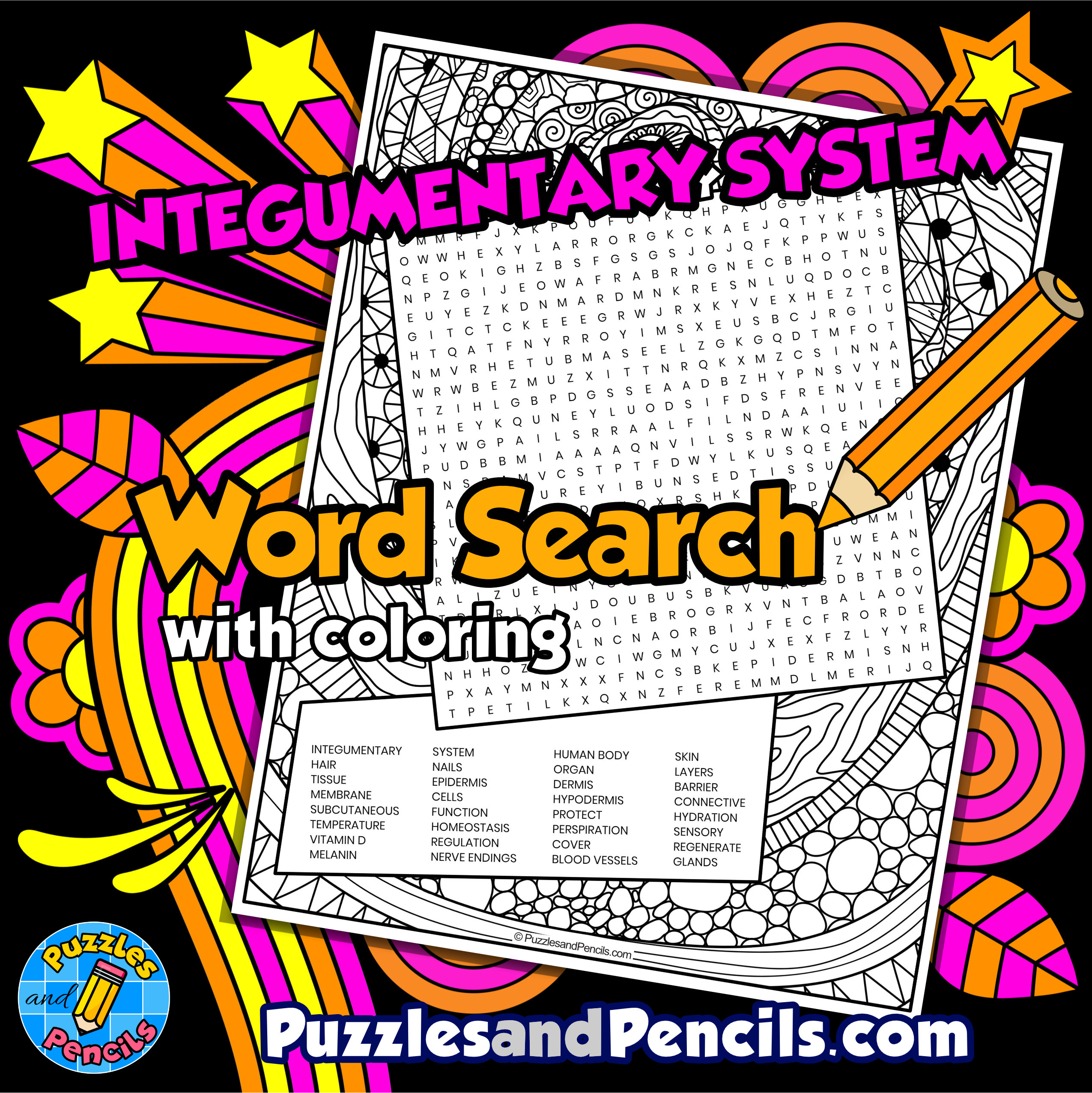 Integumentary system word search puzzle with coloring human body systems wordsearch made by teachers