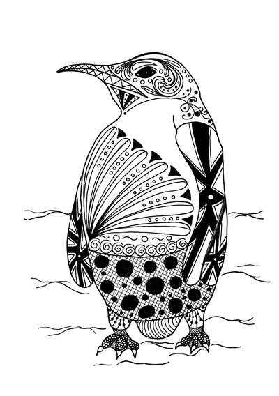 Intricate penguin adult coloring page