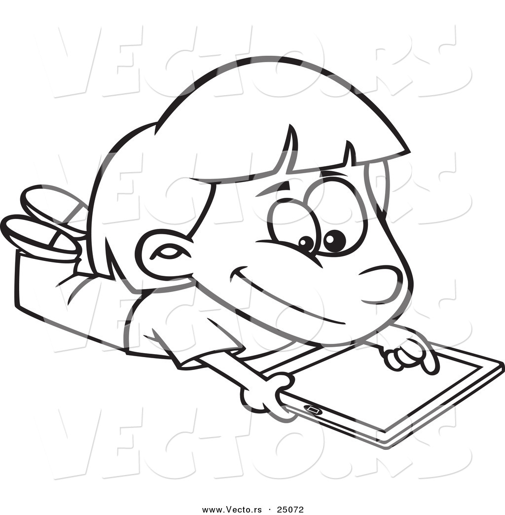 R of a cartoon girl using an ipad tablet computer