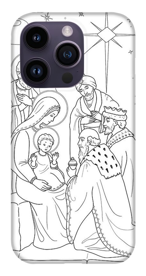 Christmas coloring page with baby jesus mary joseph three wis iphone pro case by olha zolotnyk