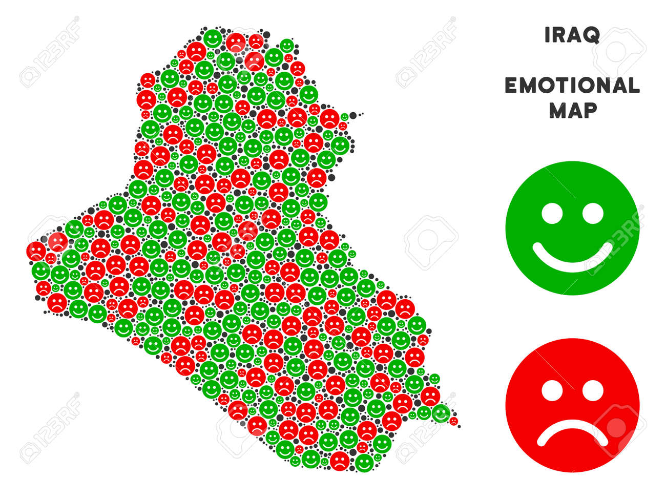 Emotion iraq map mosaic of emojis in green and red colors positive and negative mood vector concept iraq map is shaped with red sad and green positive emotion symbols abstract geographic plan