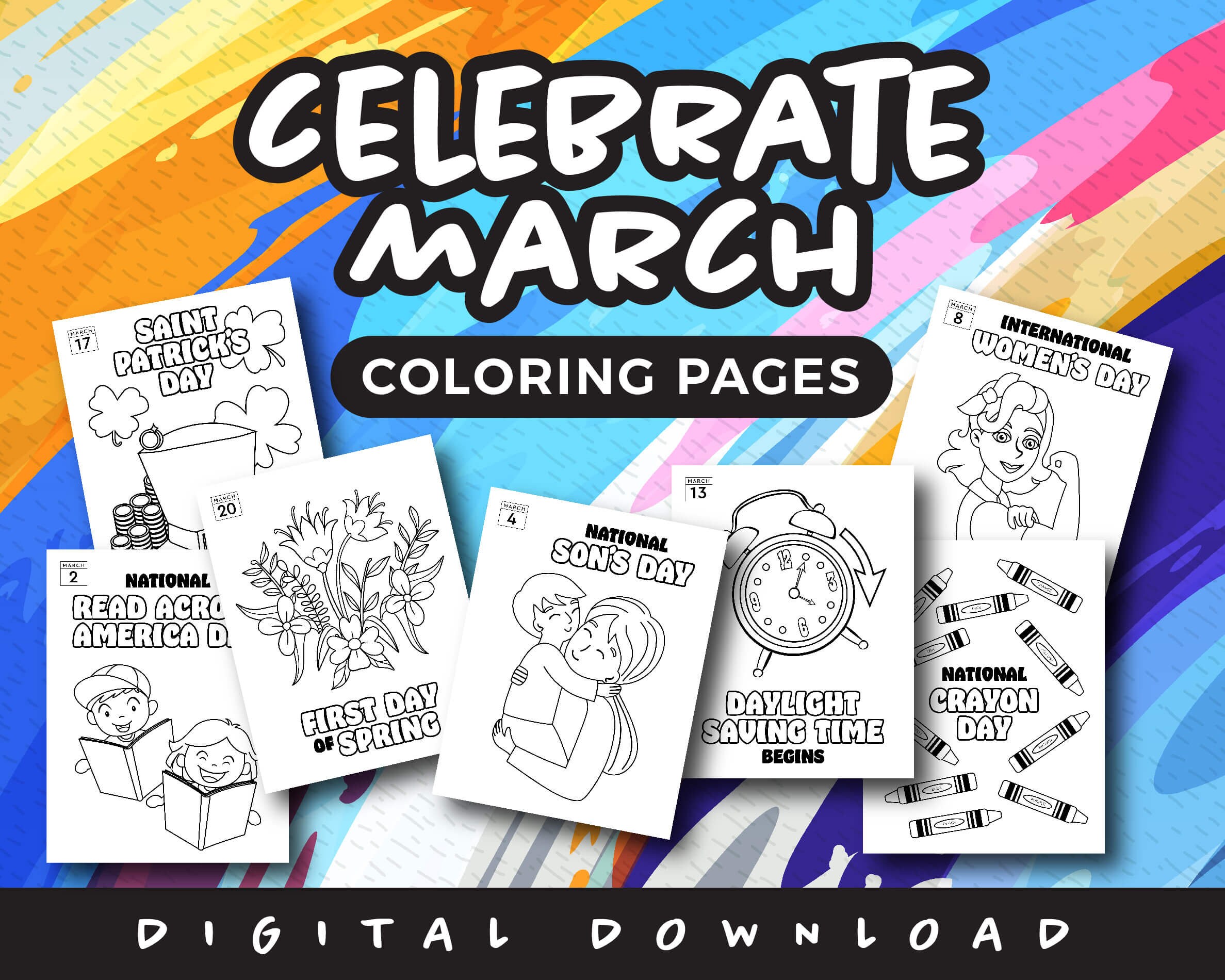 March coloring pages bundle celebrating the special days of