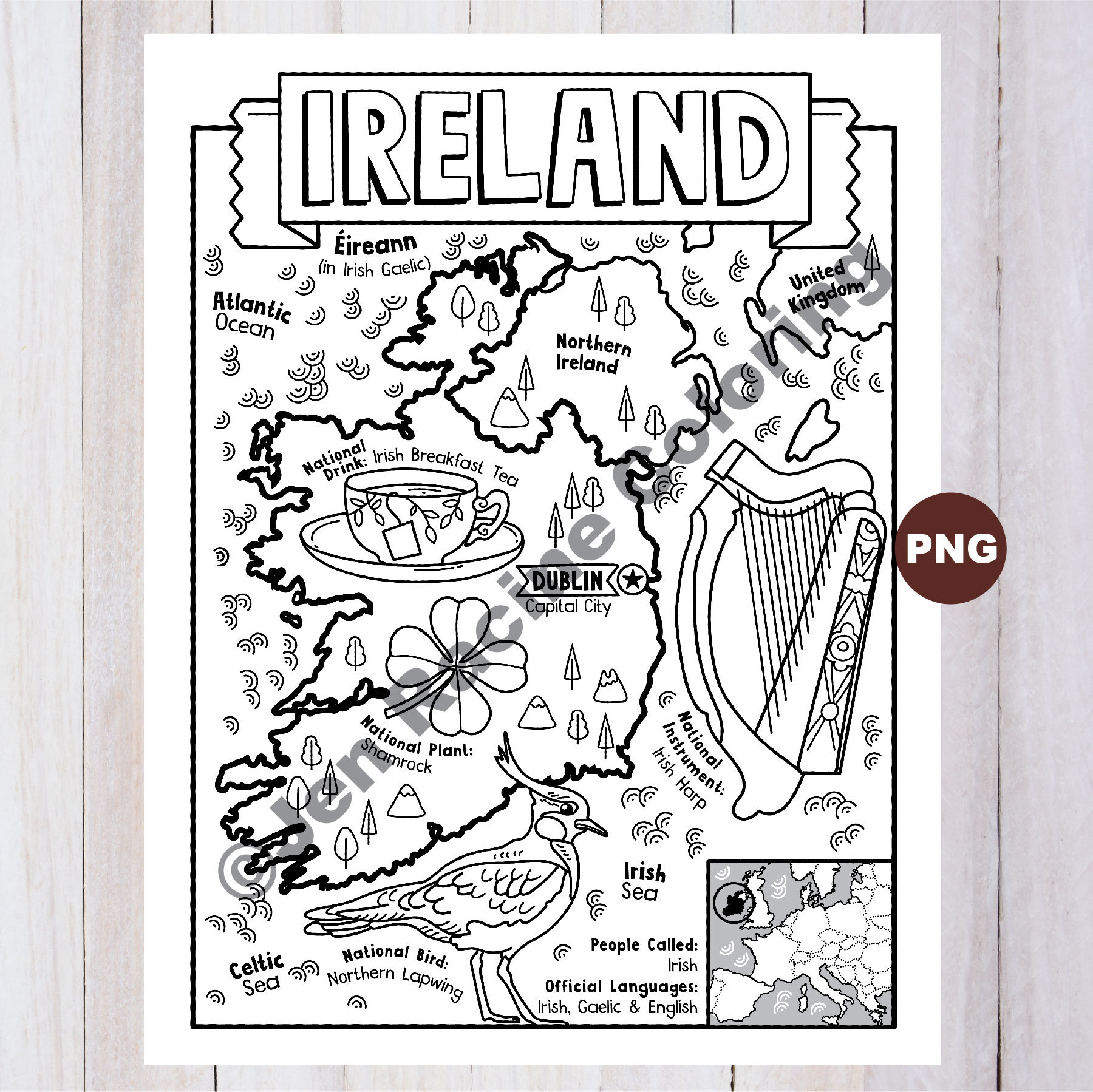 Ireland coloring page geography of europe digital download