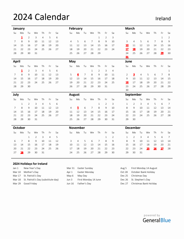 Ireland calendar with holidays