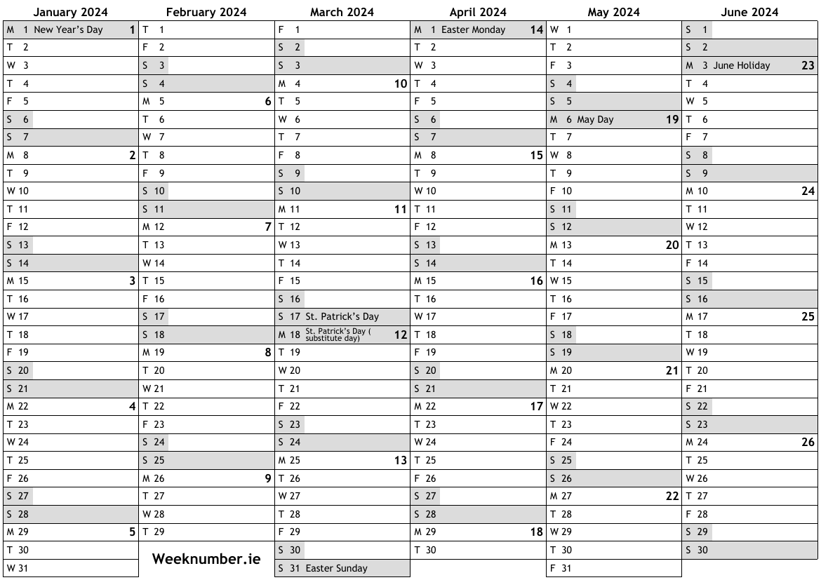 Calendar with week numbers and holidays for ireland â official public holidays bank holidays national holidays free online calendar to print download pdf