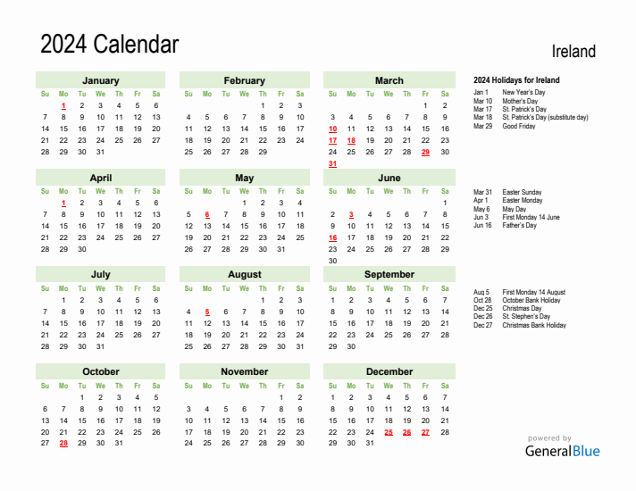 Holiday calendar for ireland sunday start