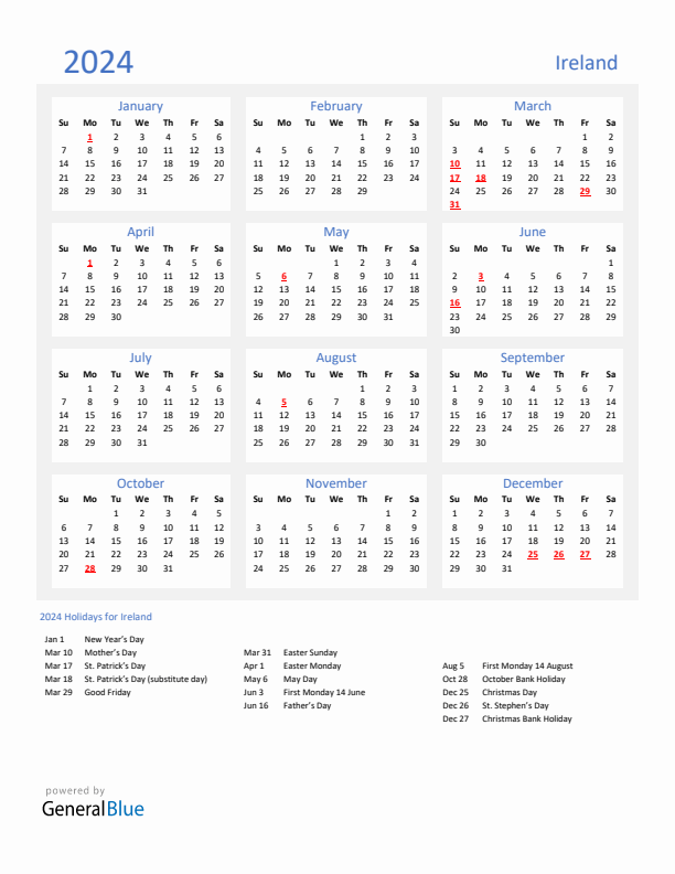 Ireland calendar with holidays