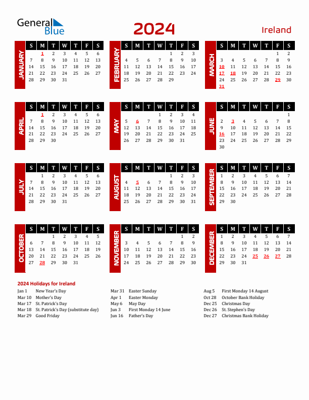 Ireland calendar with holidays