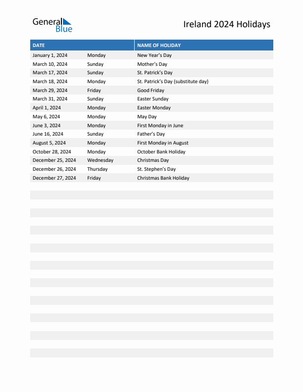 Ireland list of holidays in pdf word and excel