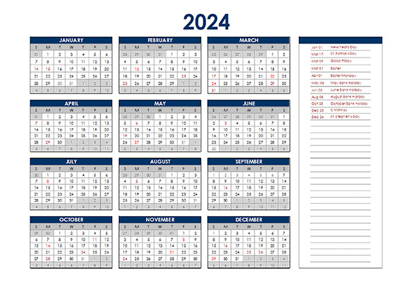 Ireland annual calendar with holidays