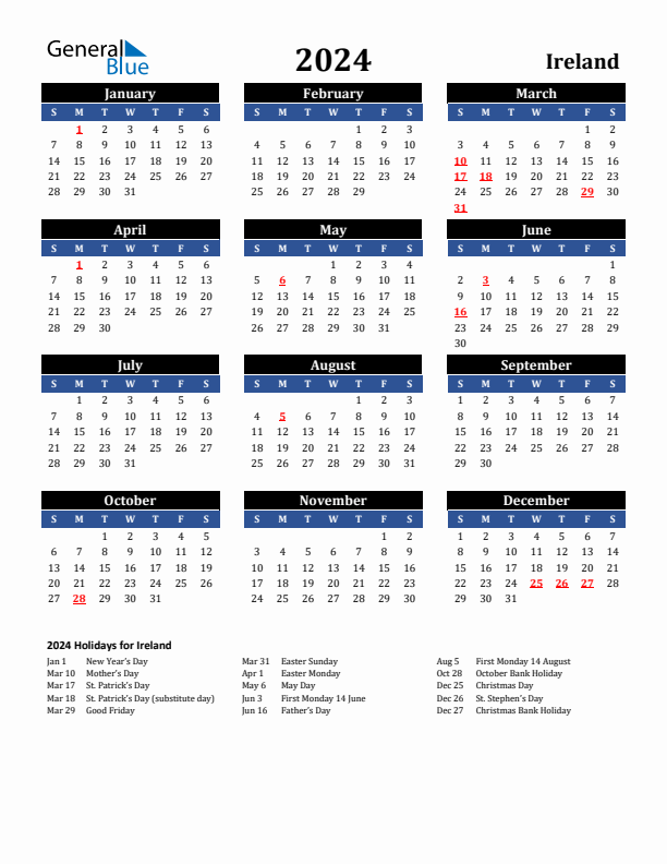 Ireland holiday calendar