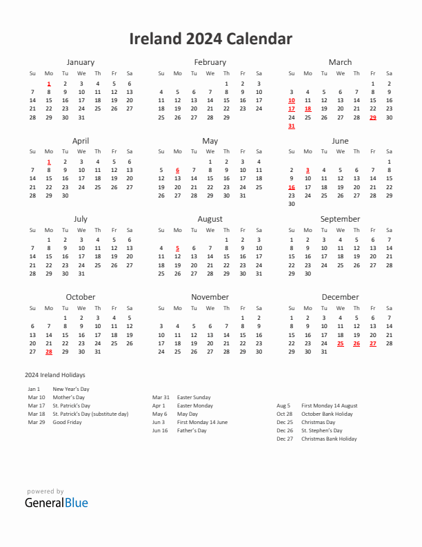 Yearly calendar printable with ireland holidays