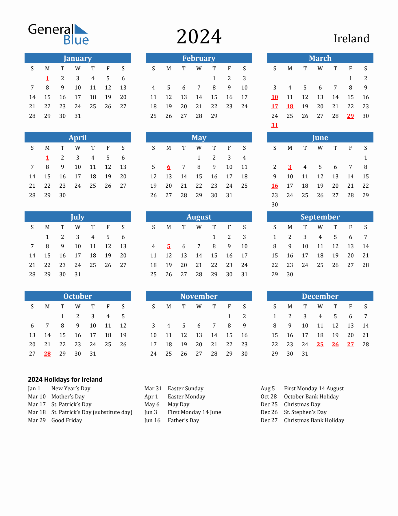 Ireland calendar with holidays