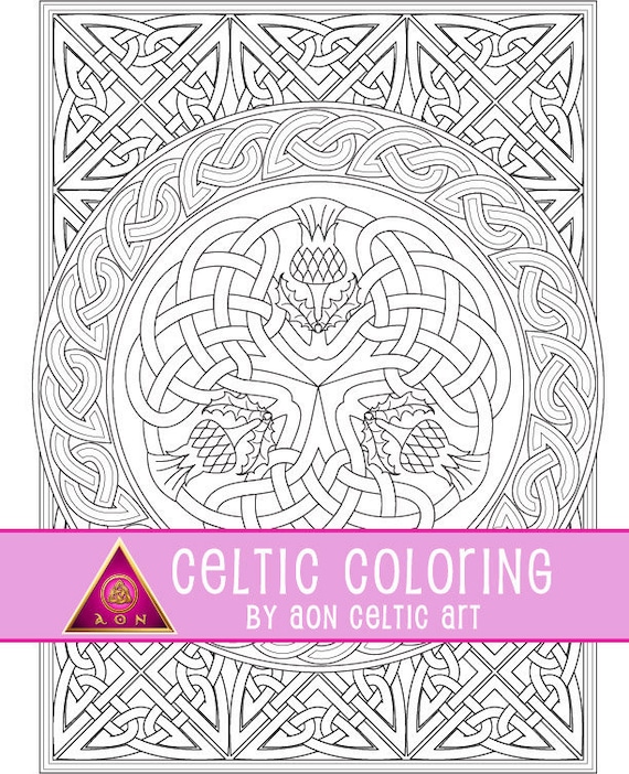 Celtic coloring page thistle shield irish colouring scotland scottish knots spirals fantasy download adult coloring