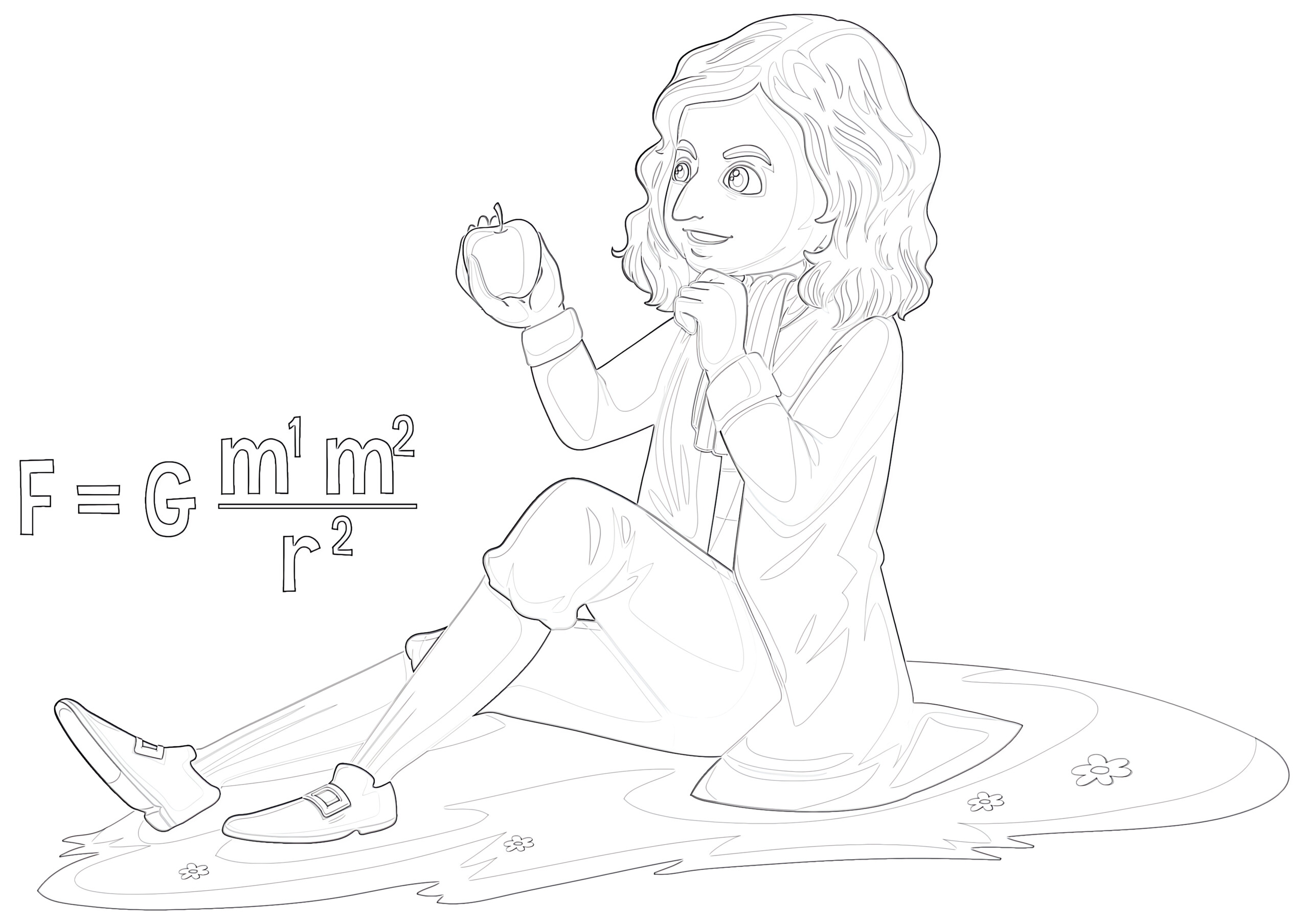 Sir isaac newton with gravitation theory coloring page