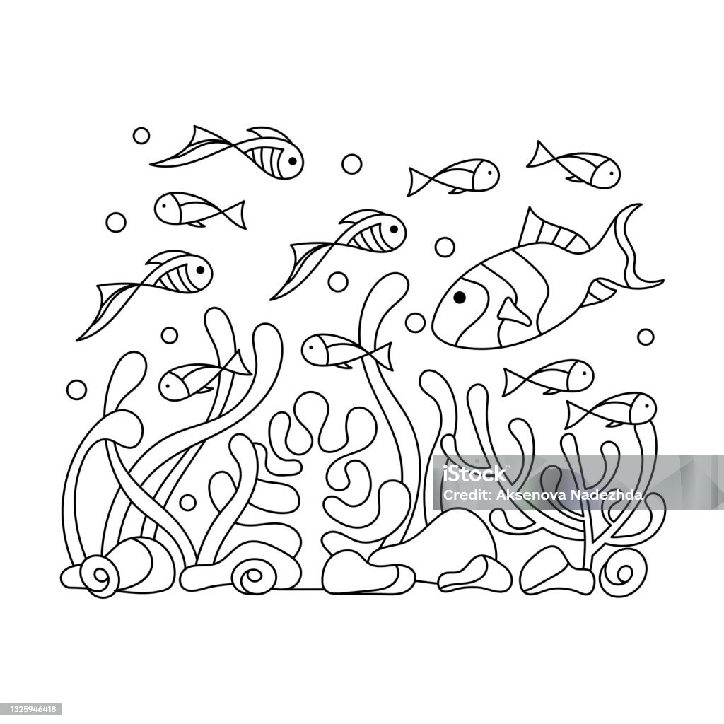 Ilustraciãn de colorantes fondo marino mundo submarino garabato de peces marinos y plantas aisladas sobre un fondo blanco vector dibujo a mano y mãs vectores libres de derechos de acuario