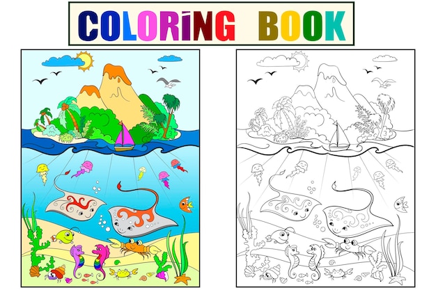 Mundo submarino con isla de plantas de pec y colorante de carabela para niãos ilustraciãn vectorial de dibujos animados vector premium