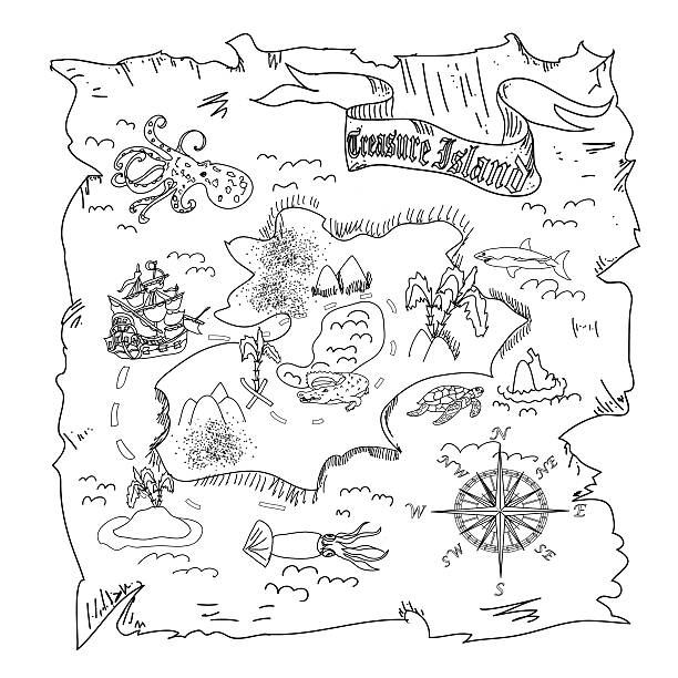Treasure island map kids coloring page stock illustration