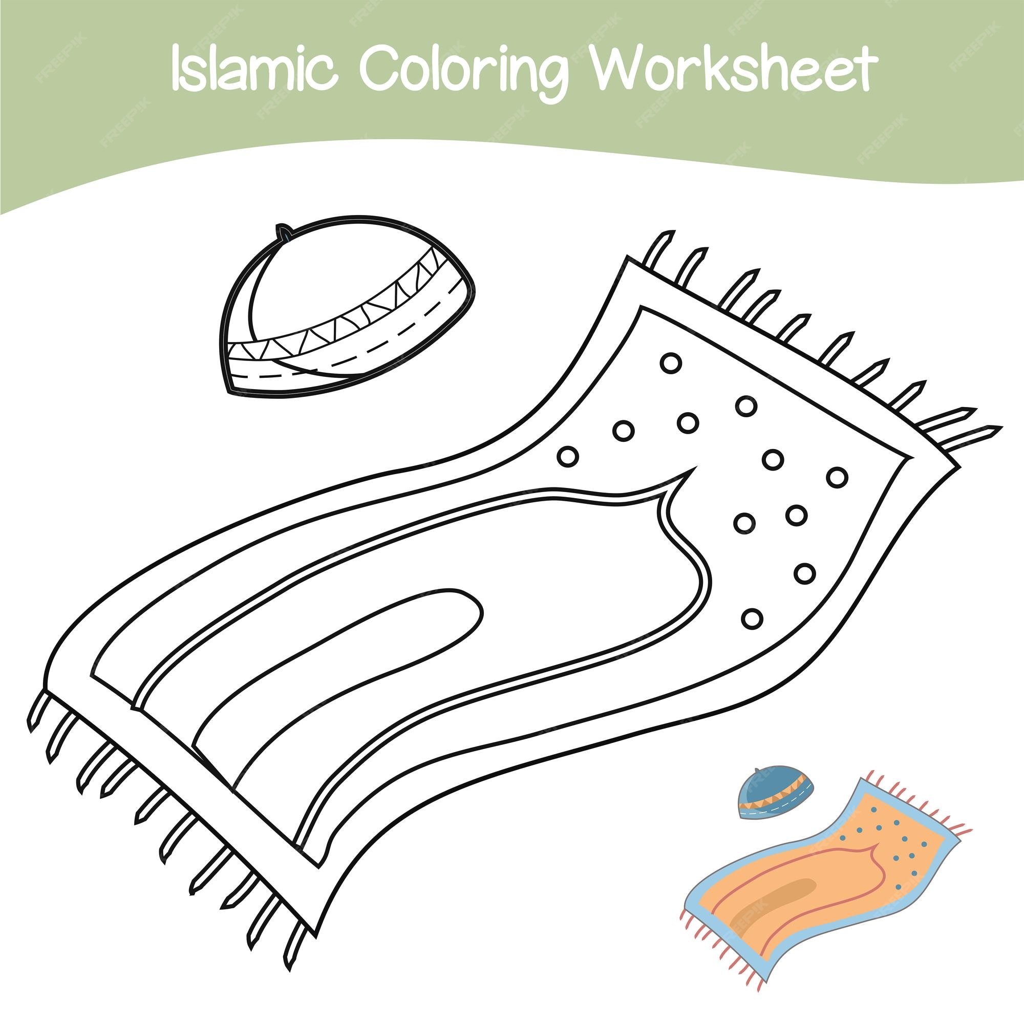 Premium vector islamic coloring worksheet islamic religion items coloring book coloring activity for kids