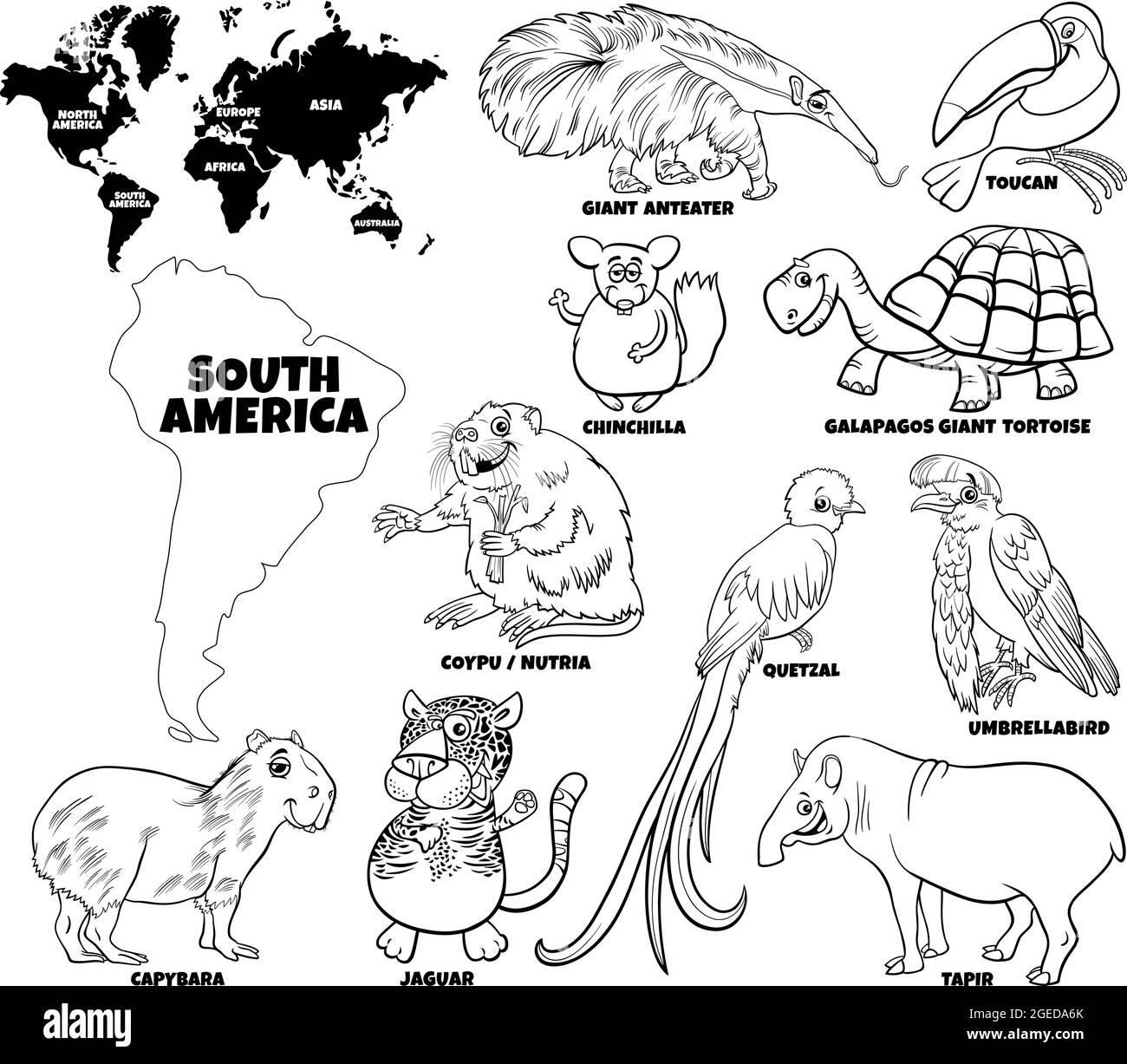 Black and white educational cartoon illustration of south american animal characters set and world map with continents shapes coloring book page stock vector image art