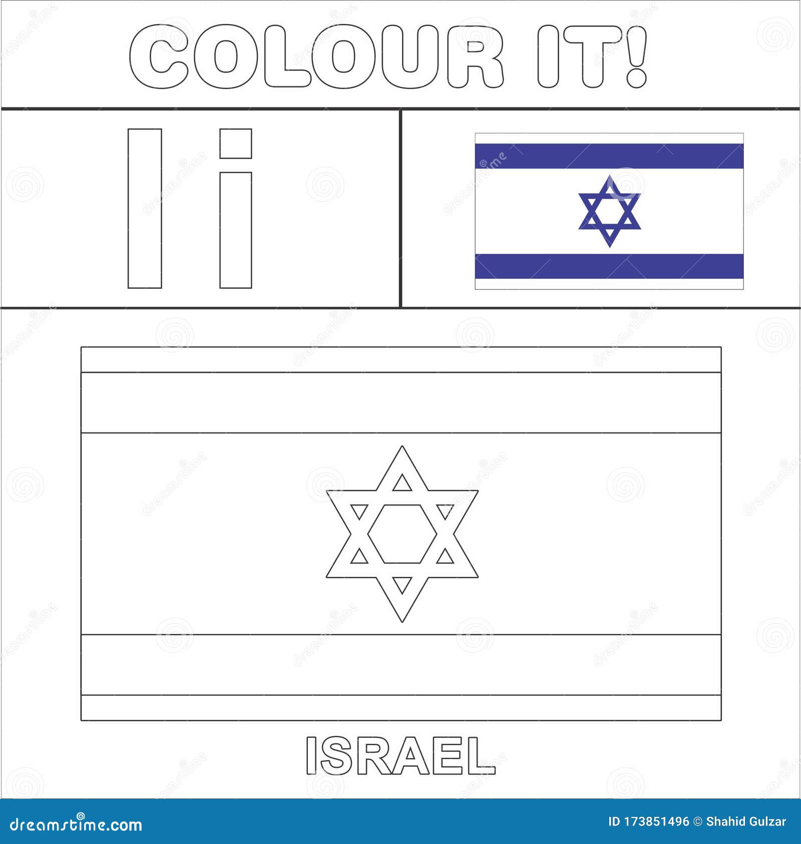 Colour it kids colouring page country starting from english letter i israel how to color flag stock illustration