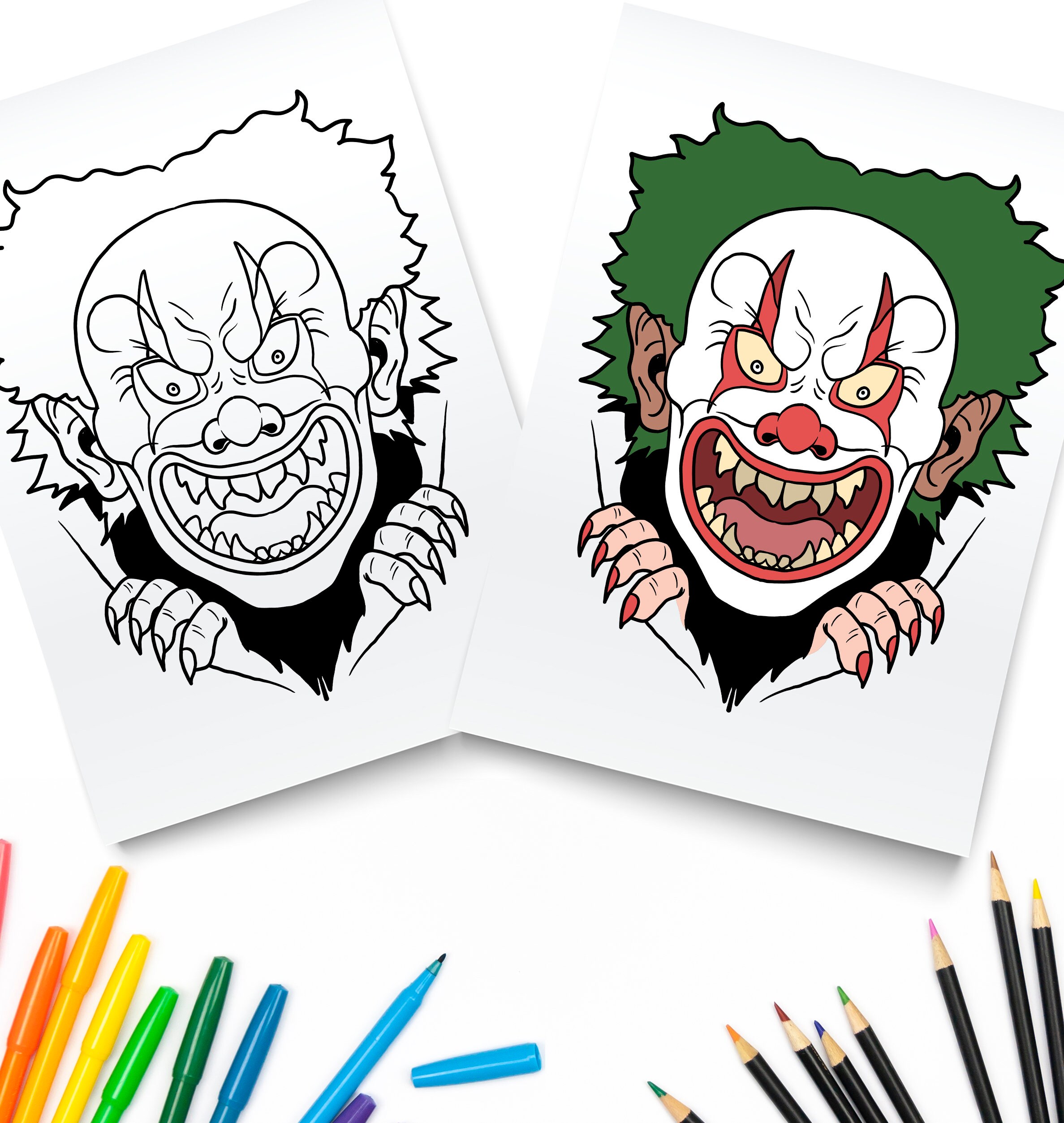 Printable clown tearing through picture digital download scary clown coloring page