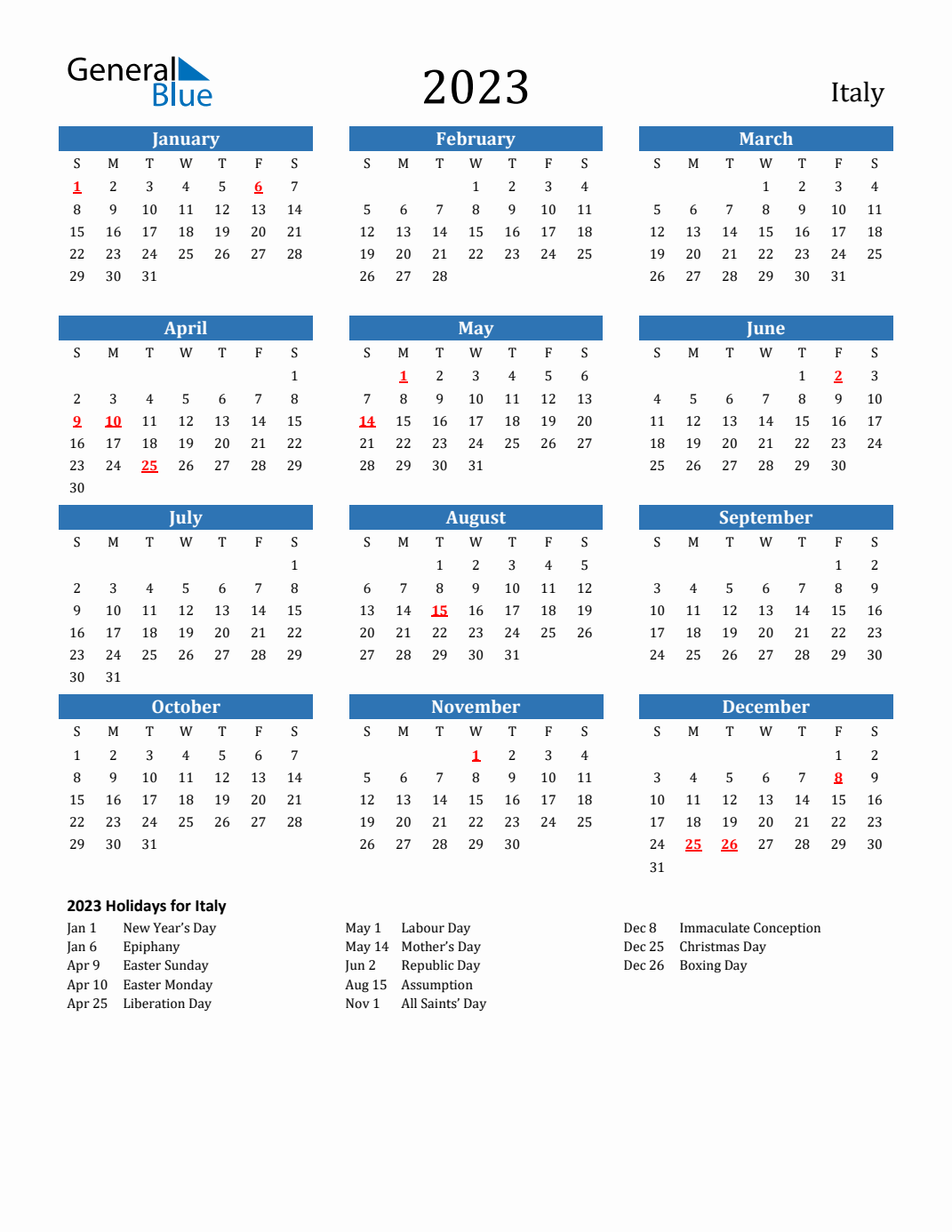 Italy calendar with holidays