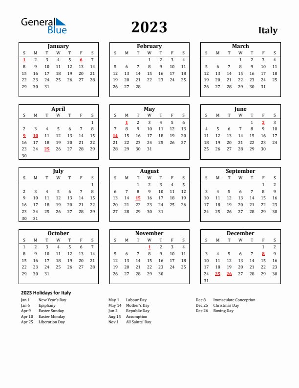 Italy calendar with holidays