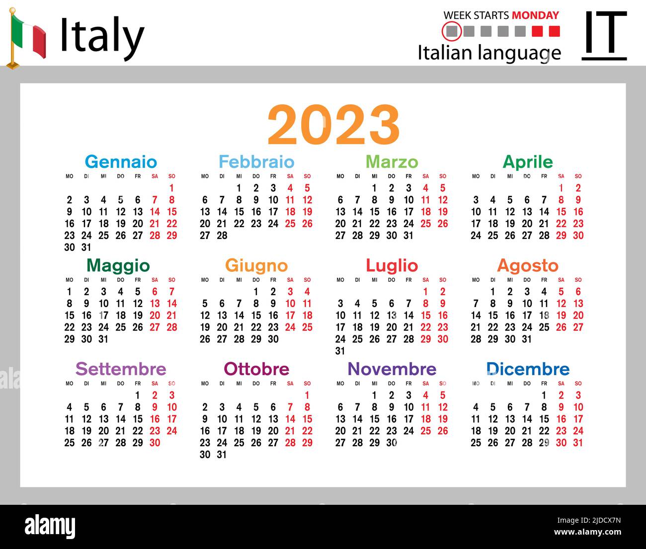 Italian horizontal pocket calendar for two thousand twenty three week starts sunday new year color simple design vector stock vector image art