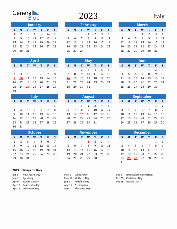 Italy calendar with holidays