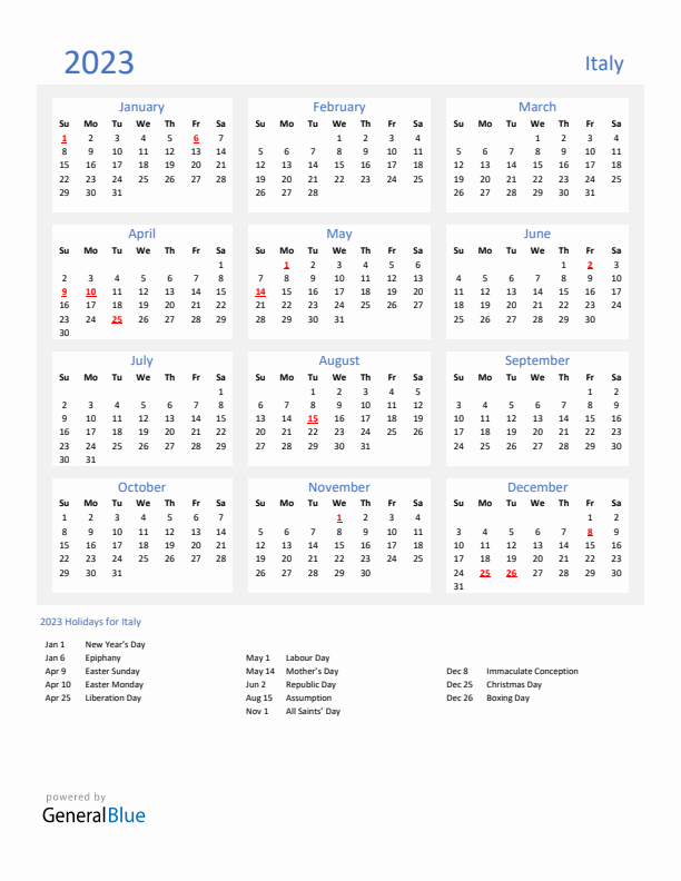 Italy calendar with holidays
